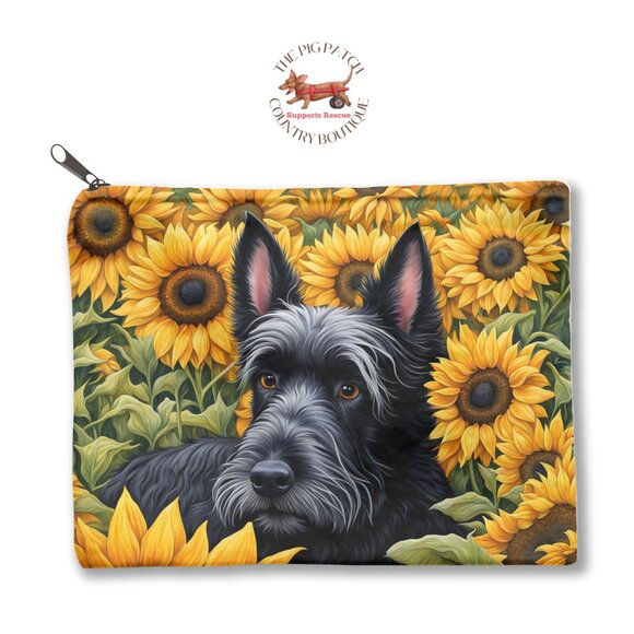 Scottish Terrier Scottie Dog & Sunflowers Makeup Cosmetic Zippered Pouch - Picture 1 of 1